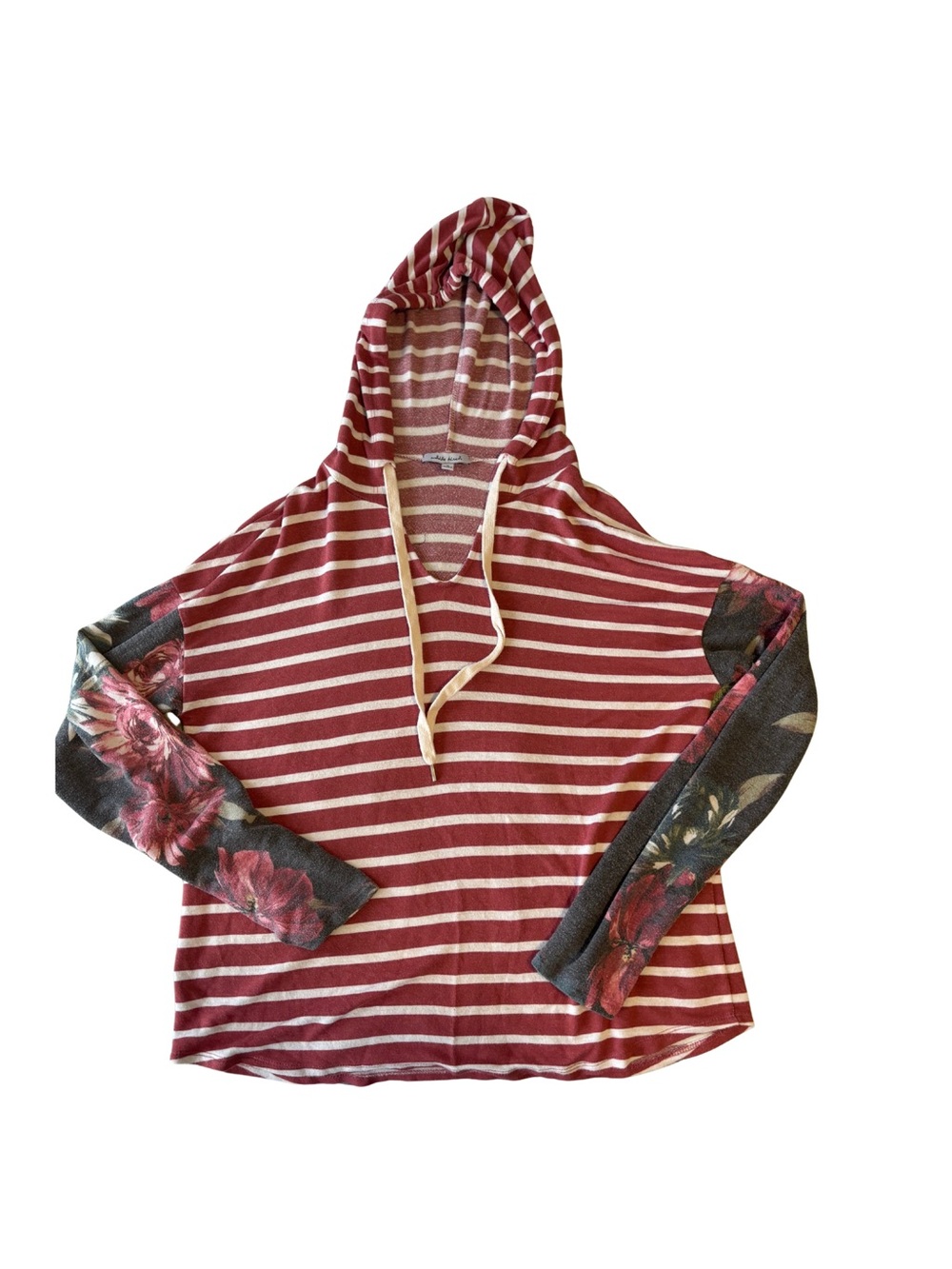 white birch Burgundy and White Striped Hoodie with Floral Sleeve Accents